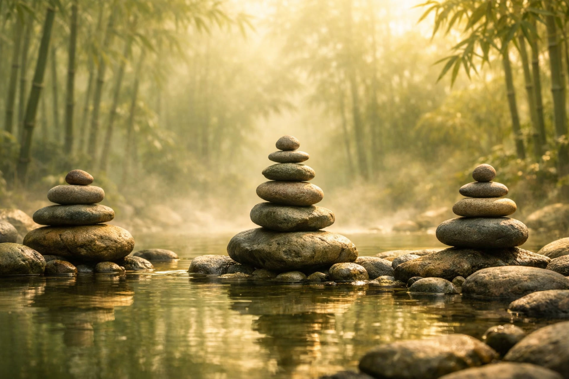 Pierres zen en équilibre dans un jardin de bambous